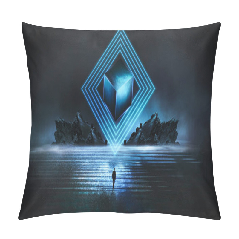 Personality  Futuristic Night Landscape With Abstract Forest Landscape. Dark Natural Forest Scene With Reflection Of Moonlight In The Water, Neon Blue Light. Dark Neon Circle Background, Dark Forest, Deer, Island. Pillow Covers