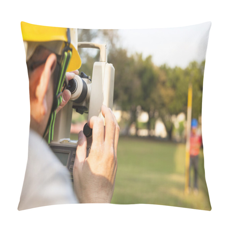 Personality  Surveyor Engineer With Partner Making Measure On The Field Pillow Covers