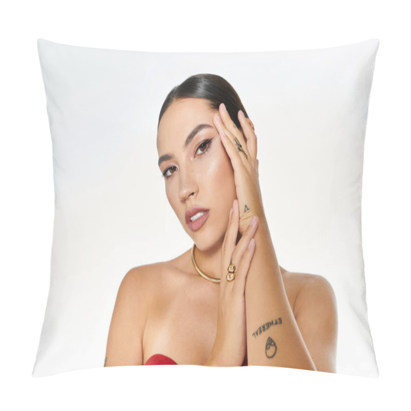 Personality  A Stylish Young Woman Showcases Her Beauty And Jewelry With A Confident Expression. Pillow Covers