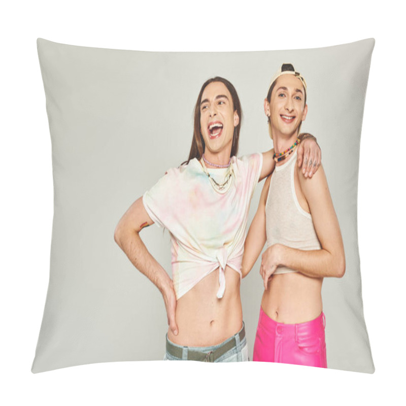 Personality  Positive Gay Man With Opened Mouth And Tattoo On Hand Hugging His Queer Friend In Baseball Cap While Smiling And Celebrating Pride Day Together On Grey Background  Pillow Covers