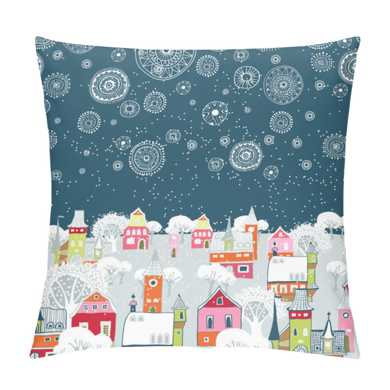 Personality  Vector Illustration With Winter City, Falling Snowflakes Pillow Covers