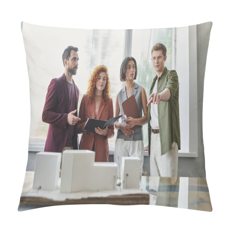 Personality  Young Architect Pointing With Hand At Building Model Near Investors In Office, Project Presentation Pillow Covers