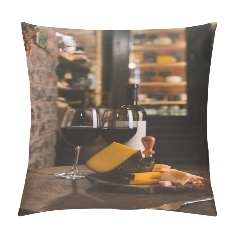 Personality  Cheese Slices And Glasses Of Red Wine On Rustic Wooden Table Pillow Covers