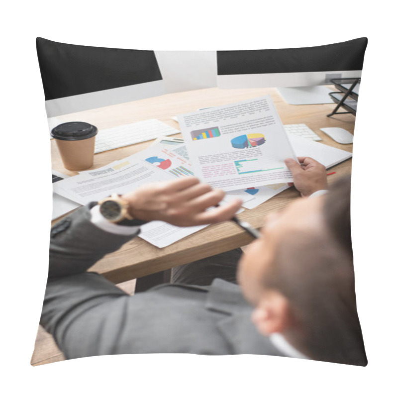 Personality  Overhead View Of Trader Working With Infographics At Workplace, Blurred Foreground Pillow Covers