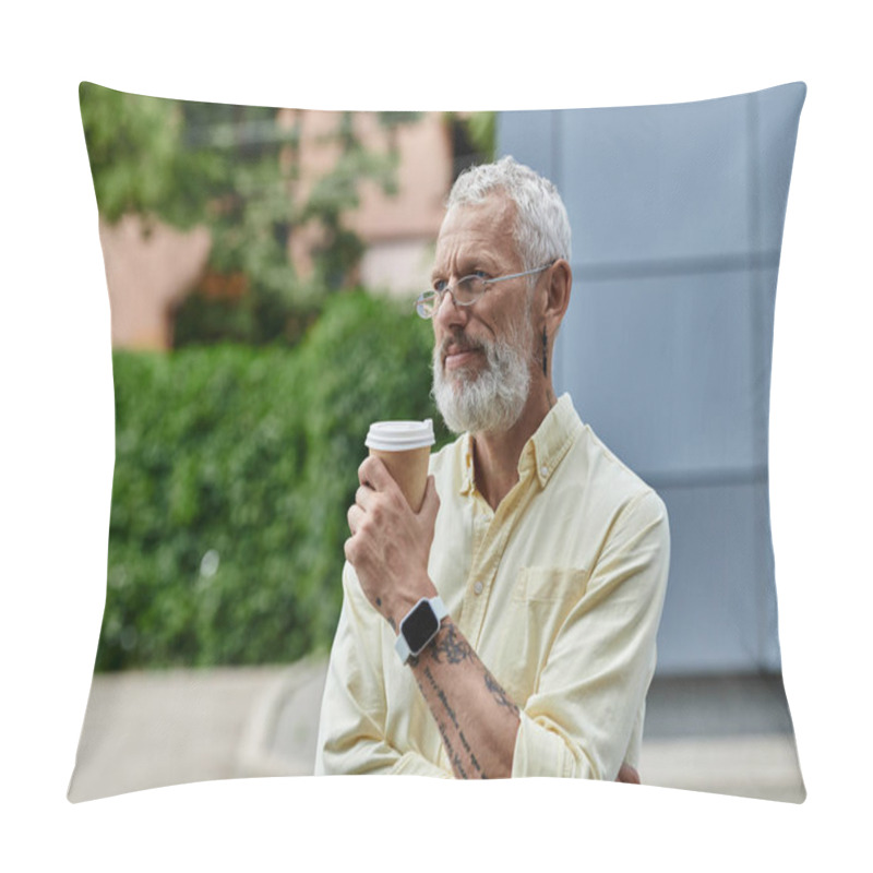 Personality  Middle-aged Man With Beard, Glasses Holds Coffee, Gazes At Modern Building, Enjoying View Pillow Covers