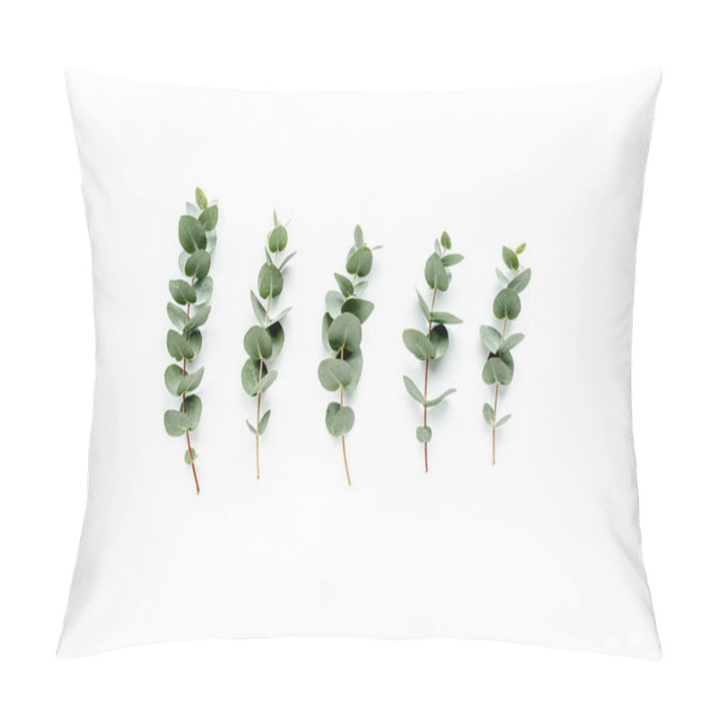 Personality  Green Leaves Eucalyptus On White Background. Flat Lay, Top View Pillow Covers