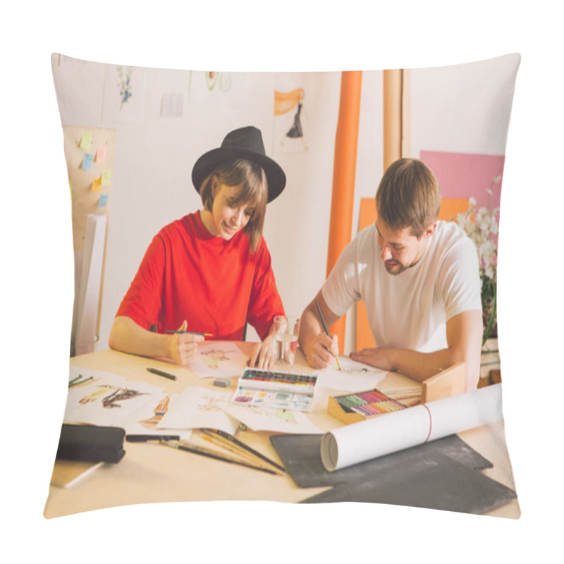 Personality  Young Girl And Guy Artists Designers Create Cartoons In Studio. Photography For Ad Of Art School Or Art Blog Pillow Covers