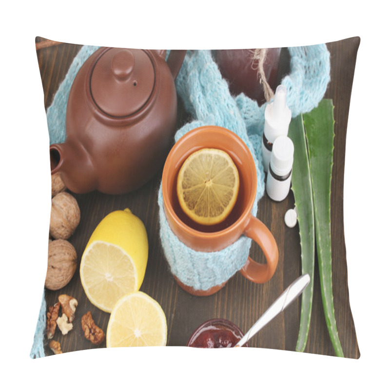 Personality  Helpful Tea With Jam For Immunity On Wooden Table Close-up Pillow Covers