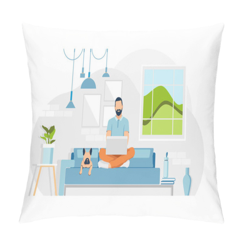 Personality  Young Man Sits On A Sofa And Work From Home With A Laptop. A Dog Lies On A Couch. Concept Living Room With Sofa, Plants, Man, Lamps. Person Indoor Job Remote Work. Flat Vector Illustration. Pillow Covers