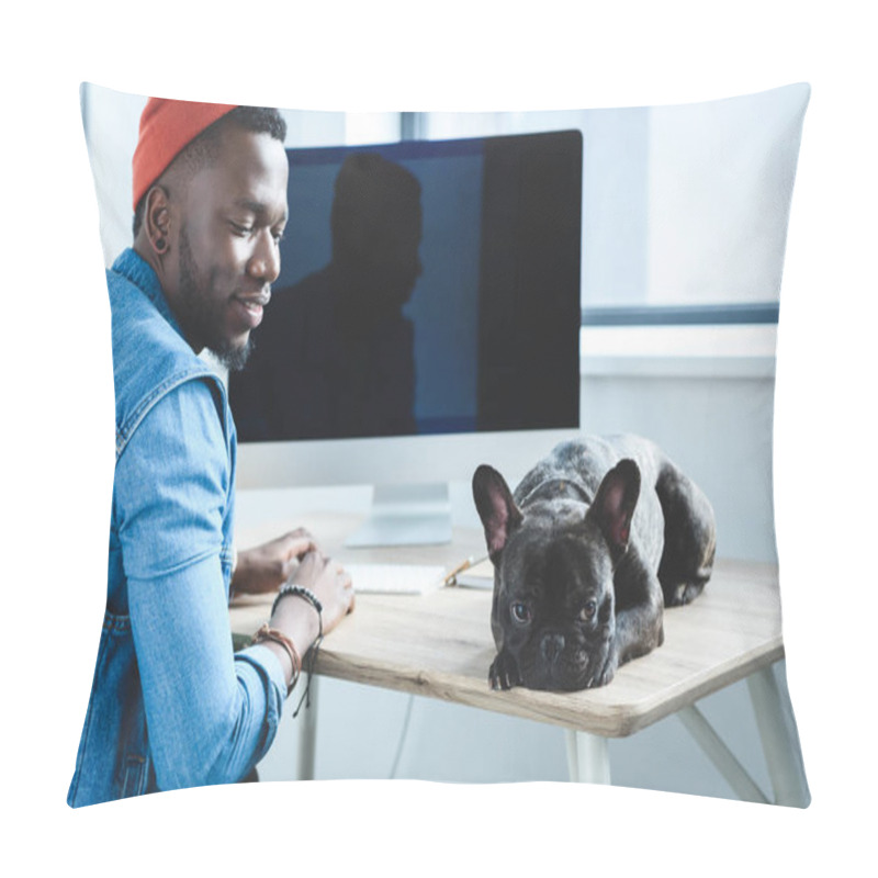 Personality  Bored Dog Waiting For African American Man To Finish Work By Computer Pillow Covers