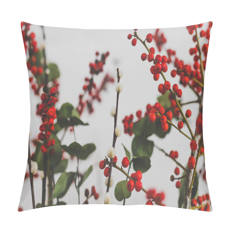 Personality  Christmas Themed Bunch Of Flowers With Eucalyptus Red Holly Berries And Cotton On White Background Pillow Covers