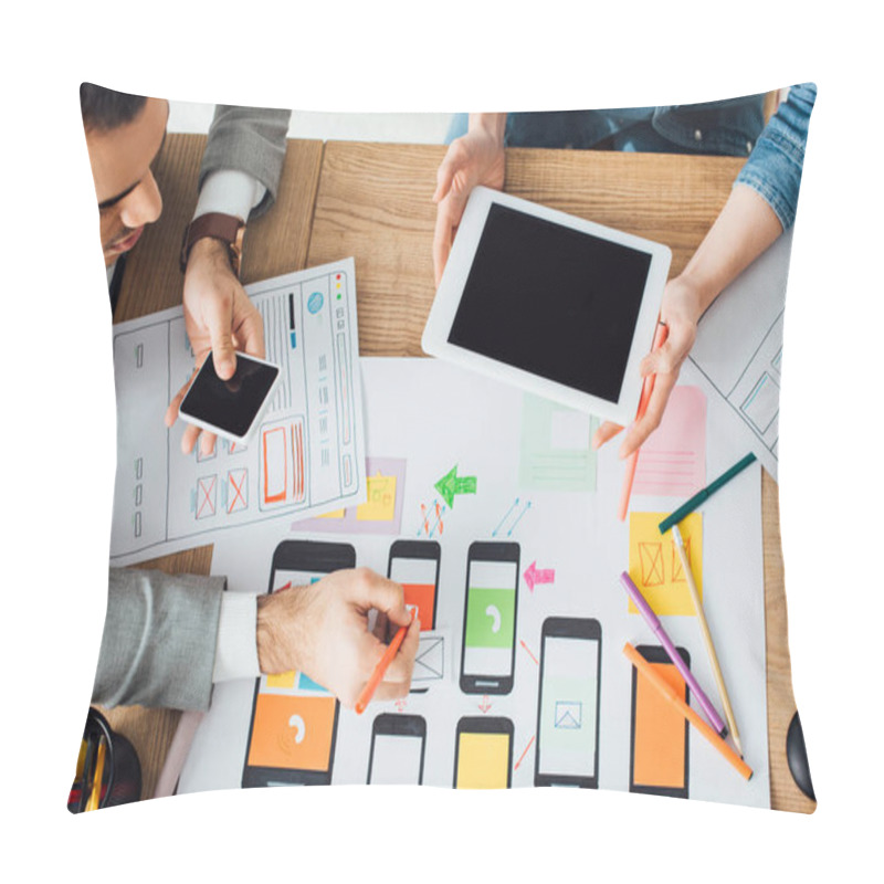 Personality  Overhead View Of Designers Using Gadgets While Planning User Experience Design Of Mobile Website At Table Isolated On Grey Pillow Covers