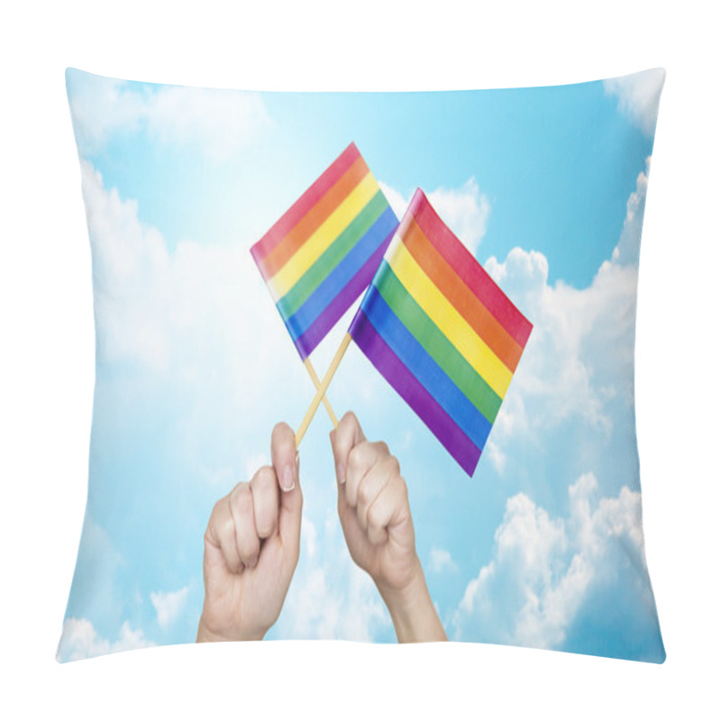 Personality  Hands Holding Rainbow Flags Over Sky Background Pillow Covers