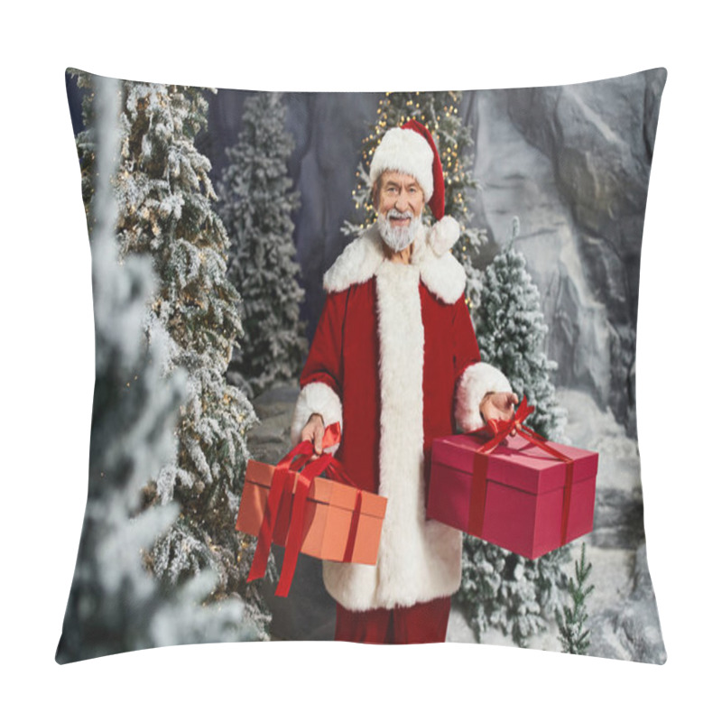 Personality  A Cheerful Santa Holds Two Wrapped Gifts In A Snowy Landscape. Pillow Covers