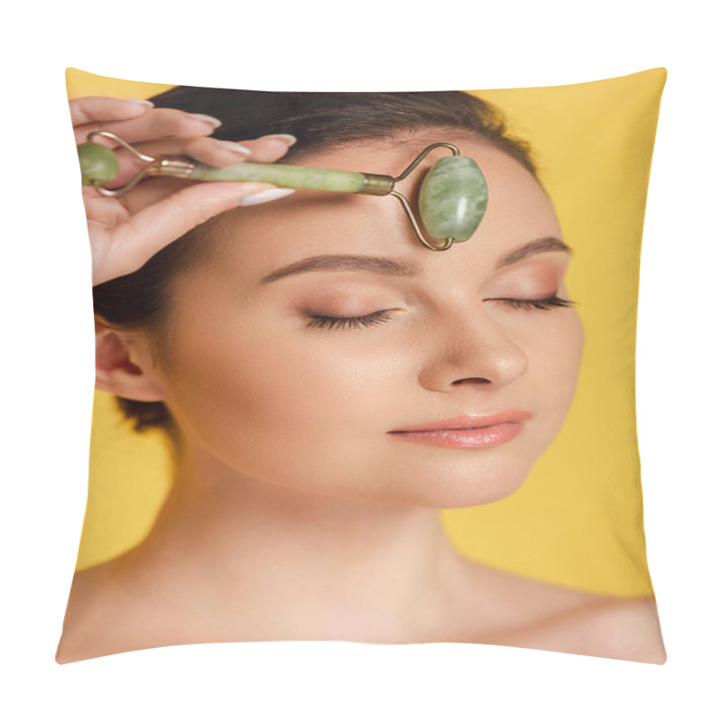 Personality  Beautiful Naked Woman With Closed Eyes Using Jade Roller On Face Isolated On Yellow Pillow Covers