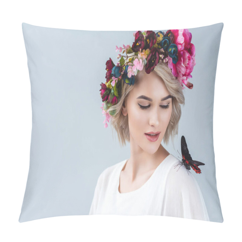 Personality  Beautiful Model Posing In Floral Wreath With Butterfly On Shoulder, Isolated On Grey Pillow Covers