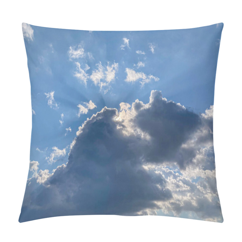 Personality  Dramatic Sky Scene With Sunset, Solar Flare Effect, Vibrant Streaks Of Light, Ethereal Clouds, Large Fluffy Irregularly Shaped Clouds, Architectural Element In The Foreground, Urban Context, Blue, Gr Pillow Covers