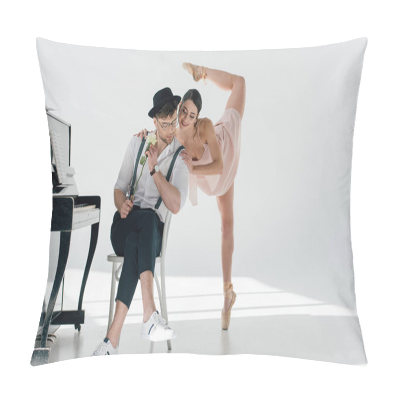 Personality  Handsome Musician Sitting On Chair With Rose While Young Ballerina Dancing Near Him  Pillow Covers