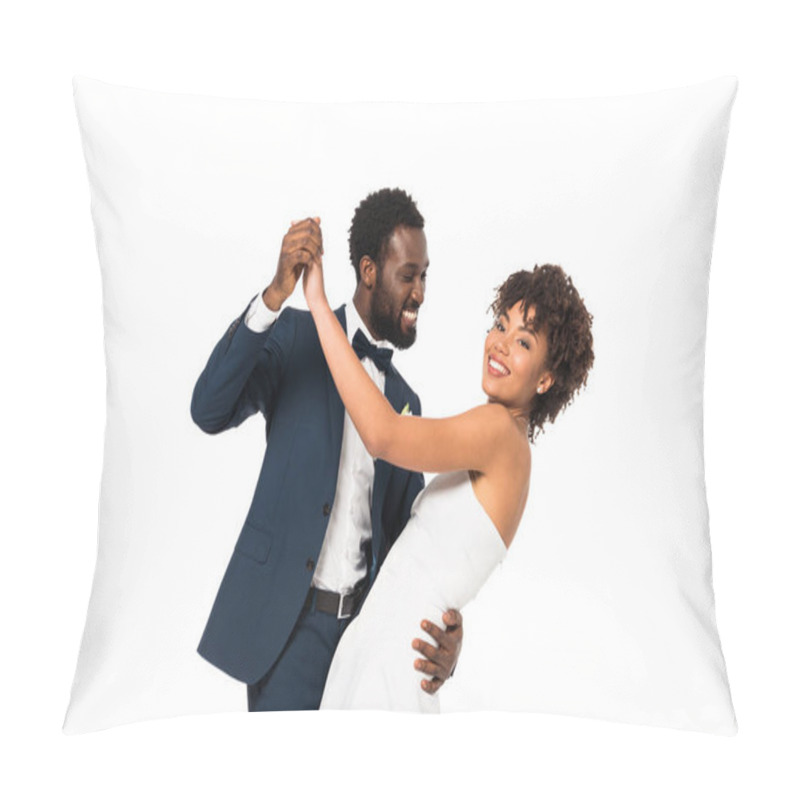 Personality  Happy African American Bridegroom Looking At Bride While Dancing Isolated On White  Pillow Covers