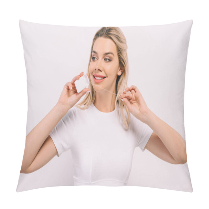 Personality  Beautiful Smiling Woman Holding Dental Floss And Looking Away Isolated On White Pillow Covers