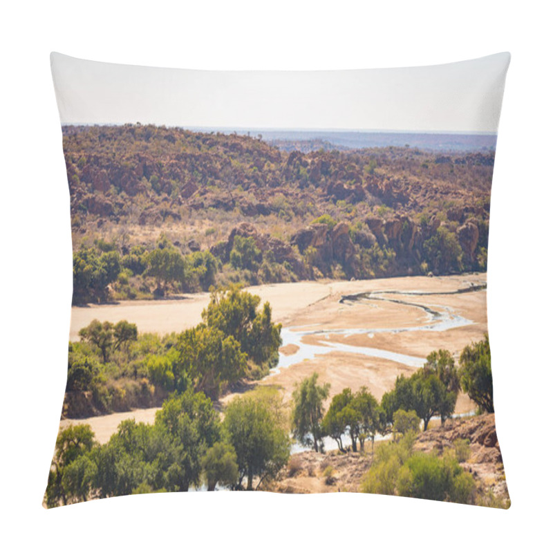 Personality  River Crossing The Desert Landscape Of Mapungubwe National Park, Travel Destination In South Africa. Braided Acacia And Huge Baobab Trees With Red Sandstone Cliffs. Pillow Covers