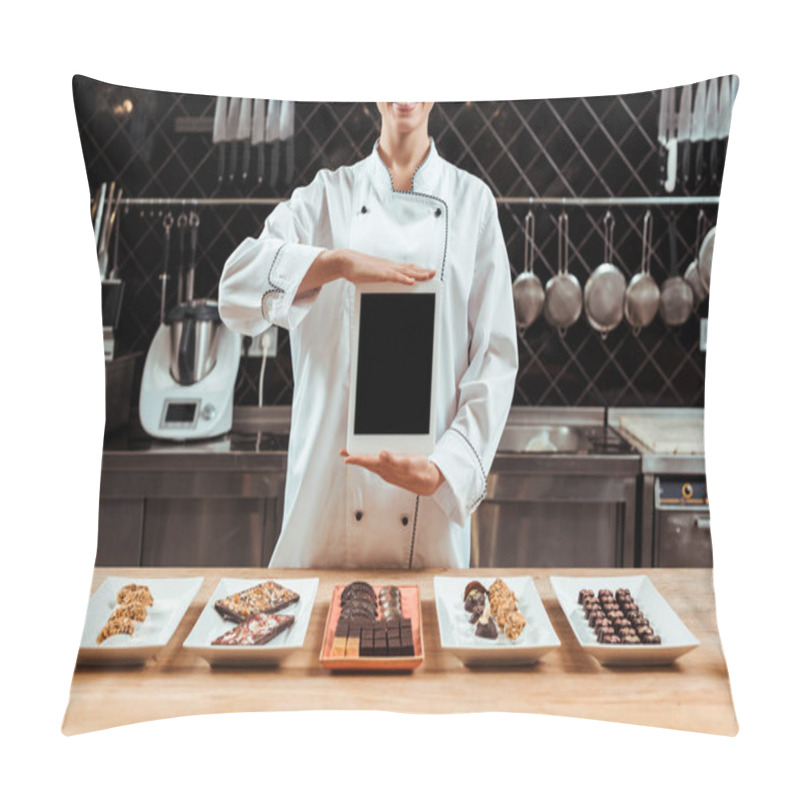 Personality  Cropped View Of Cheerful Chocolatier In Holding Digital Tablet With Blank Screen Near Tasty Chocolate Candies On Plates  Pillow Covers