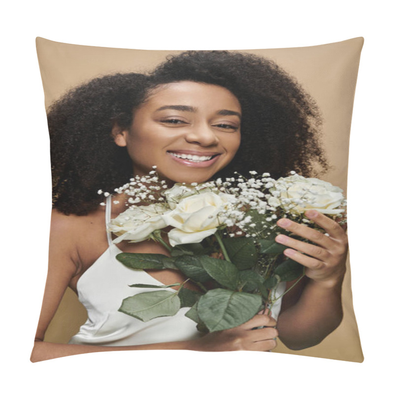 Personality  An African American Woman With Natural Makeup Smiles Brightly While Holding A Bouquet Of White Roses Against A Beige Background. Pillow Covers