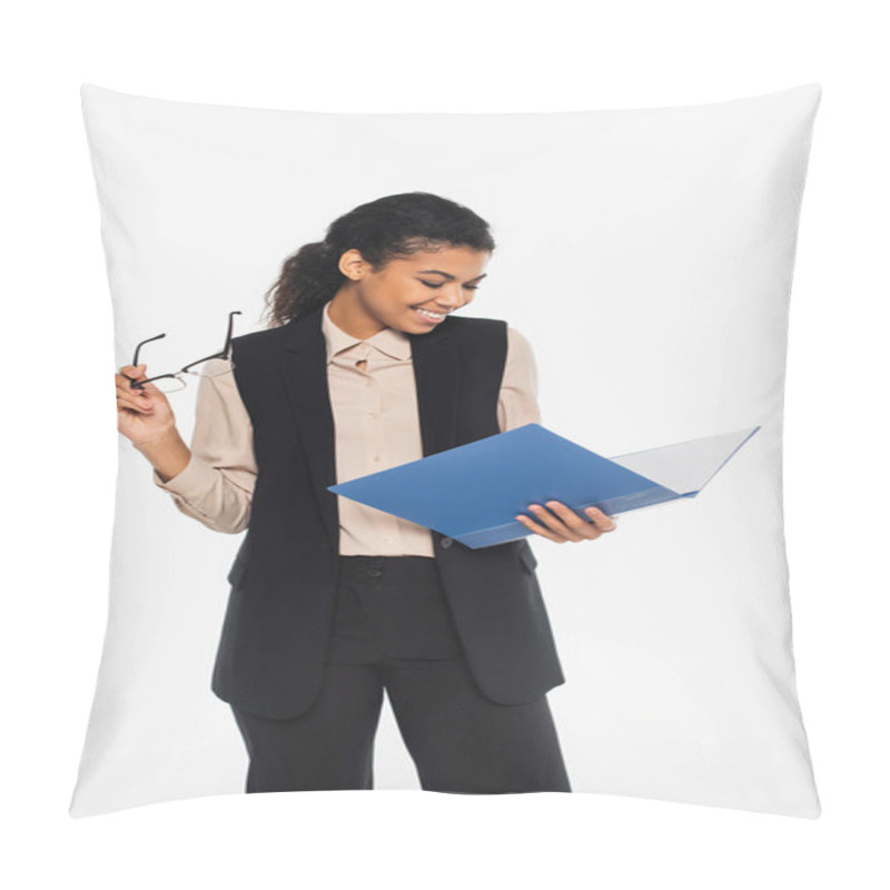 Personality  Cheerful African American Businesswoman Holding Eyeglasses And Paper Folder Isolated On White  Pillow Covers