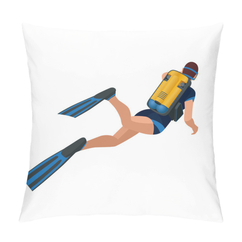 Personality  Scuba Diver Diving Man Back View. Scuba Diving Flat 3d Isometric Vector Illustration. Scuba Diver Swimming Under Water. Pillow Covers