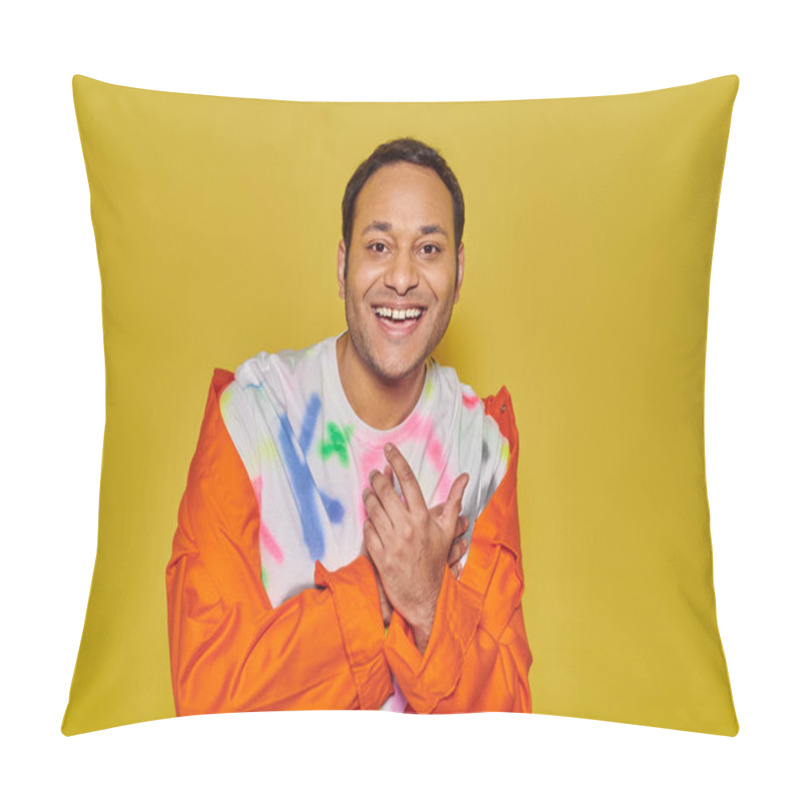 Personality  Joyous Indian Man In Orange Jacket And Diy T-shirt Smiling And Looking At Camera On Yellow Backdrop Pillow Covers