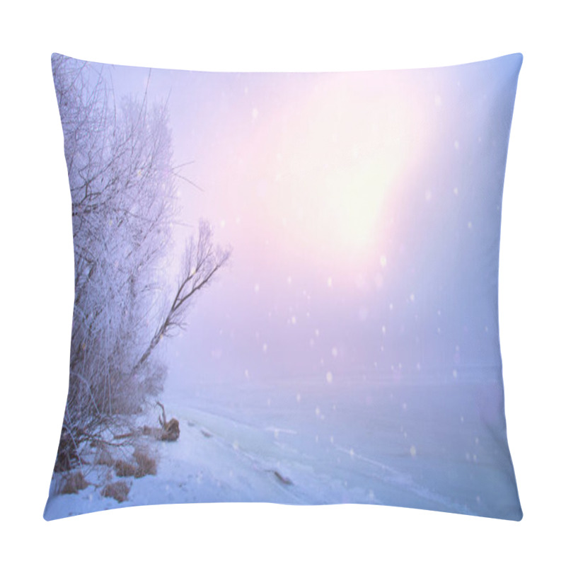 Personality  Winter Landscape: Frozen River Bank Covered With Snow At Sunrise. Panoramic Photo With Pink Reflection Of Light On The Ice Surface. For Winter Postcards, Calendars And Travel Projects Design Pillow Covers