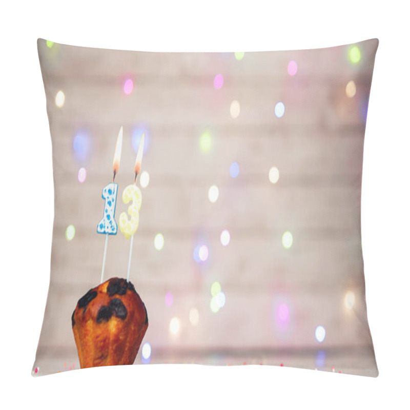 Personality  Happy Birthday Background With Muffin And Number Of Candles On Light Bulbs Bokeh Background. Greeting Card Happy Birthday Copy Space With Number 13 Pillow Covers