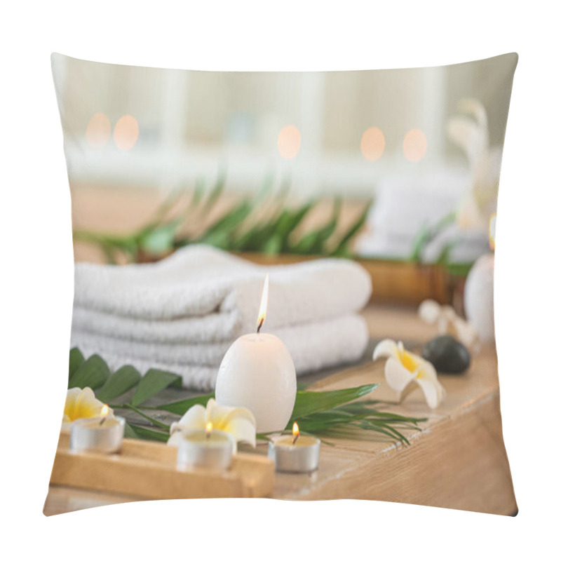 Personality  Burning Candles With Plumeria Flowers On Table In Spa Salon, Closeup Pillow Covers