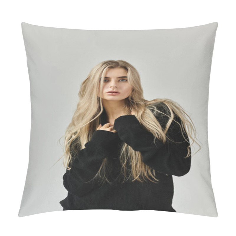 Personality  A Stunning Young Woman With Long Blonde Hair Strikes A Pose In A Sleek Studio, Showcasing Beauty. Pillow Covers