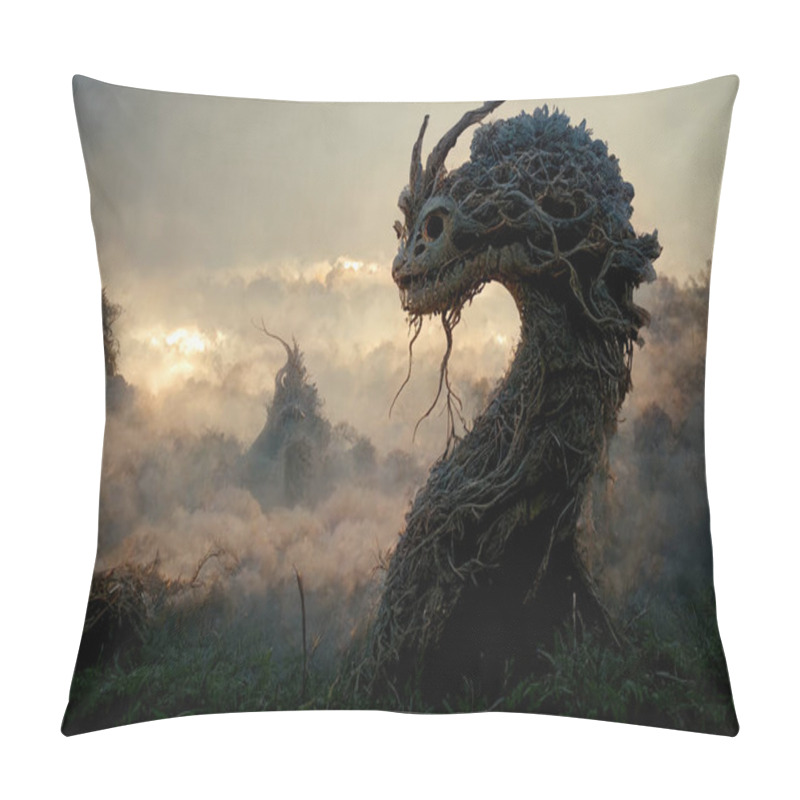 Personality  3D Illustration Of A Cursed Dragon Turned Into A Tree. Pillow Covers