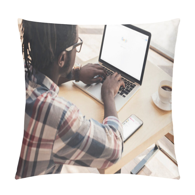 Personality  African American Man Using Laptop With Google Website And Smartphone With Appliance Pillow Covers