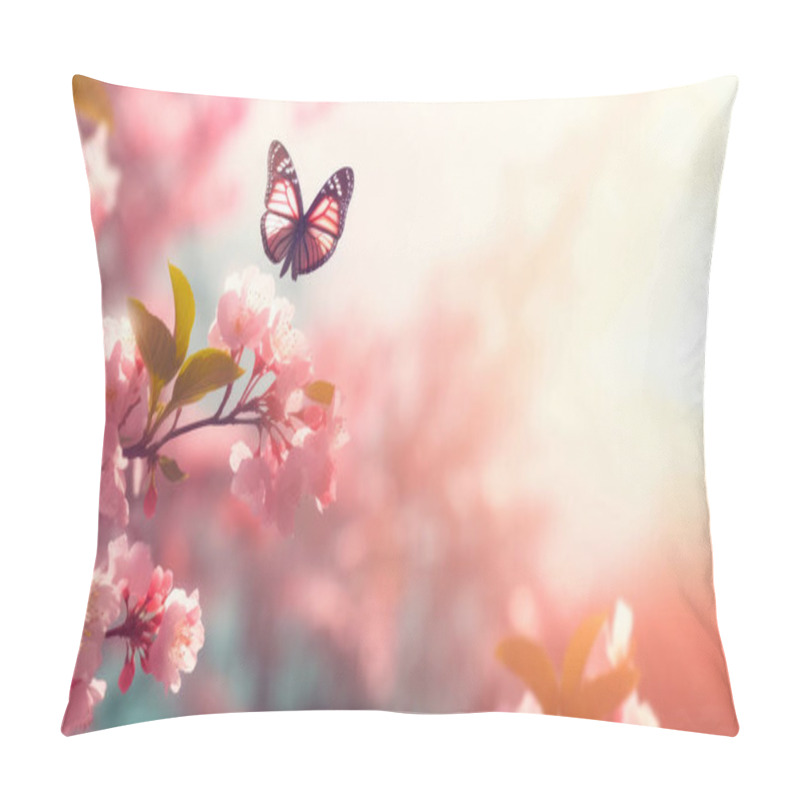 Personality  Spring Background With Pink Blossom And Fly Butterfly. Beautiful Nature Scene With Blooming Tree And Sun Flare Pillow Covers