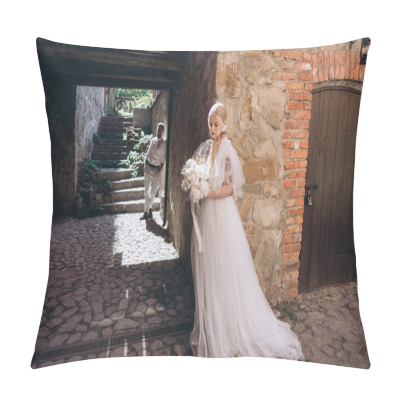 Personality  Attractive Young Bride And Groom Posing In Old Town Pillow Covers