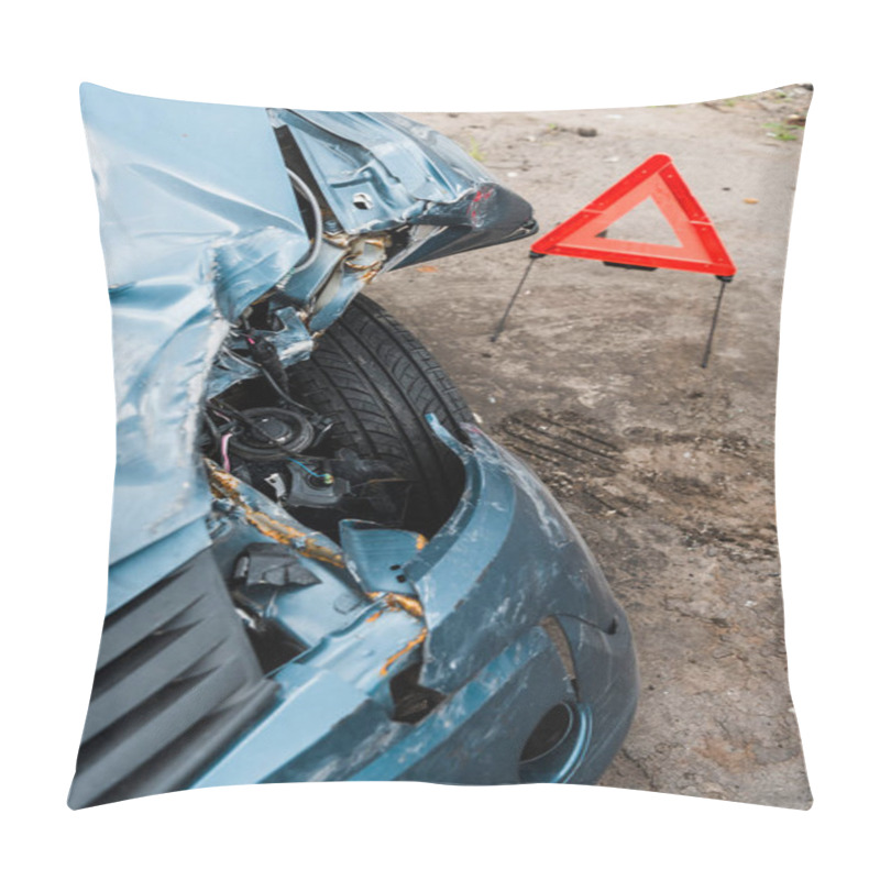 Personality  Selective Focus Of Crashed Blue Car After Car Accident  Pillow Covers