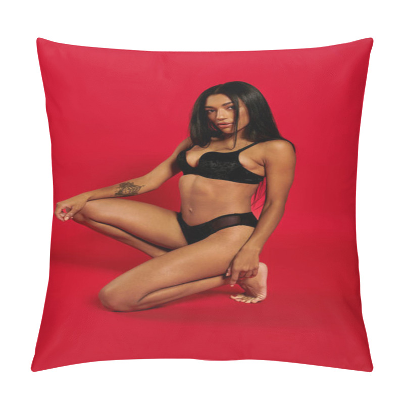 Personality  A Stunning Young African American Woman Poses Gracefully In Lingerie Against A Vibrant Red Backdrop. Pillow Covers