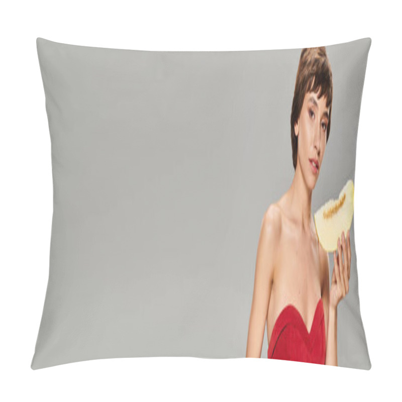 Personality  A Stylish Woman In A Red Dress Gracefully Holding Mango. Pillow Covers