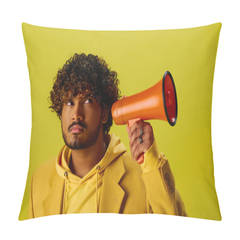 Personality  A Handsome Young Indian Man In A Yellow Hoodie Holding A Red Megaphone. Pillow Covers