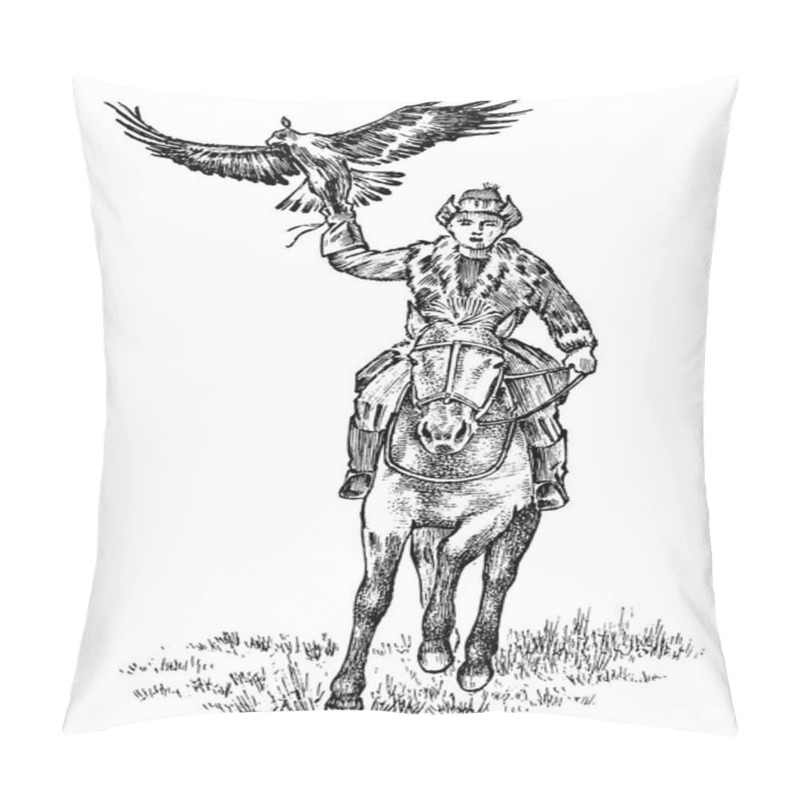 Personality  Kazakh Man In National Costume Riding A Horse With An Eagle. Vintage Engraved Hand Drawn Monochrome Sketch. Pillow Covers