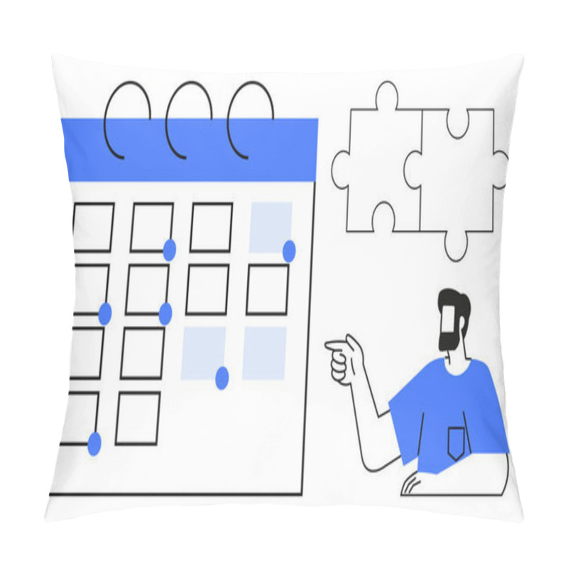 Personality  Office Worker Pointing At Calendar Marked With Dots, Accompanied By Two Puzzle Pieces. Ideal For Scheduling, Project Management, Deadlines, Teamwork, Planning, Organization Time Management. An Pillow Covers