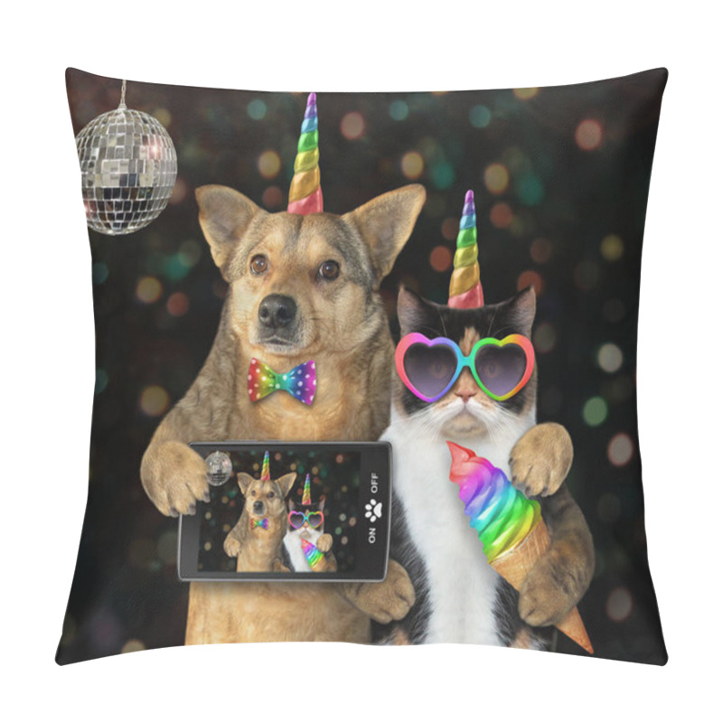 Personality  Dog With A Cat Unicorn At A Party Pillow Covers