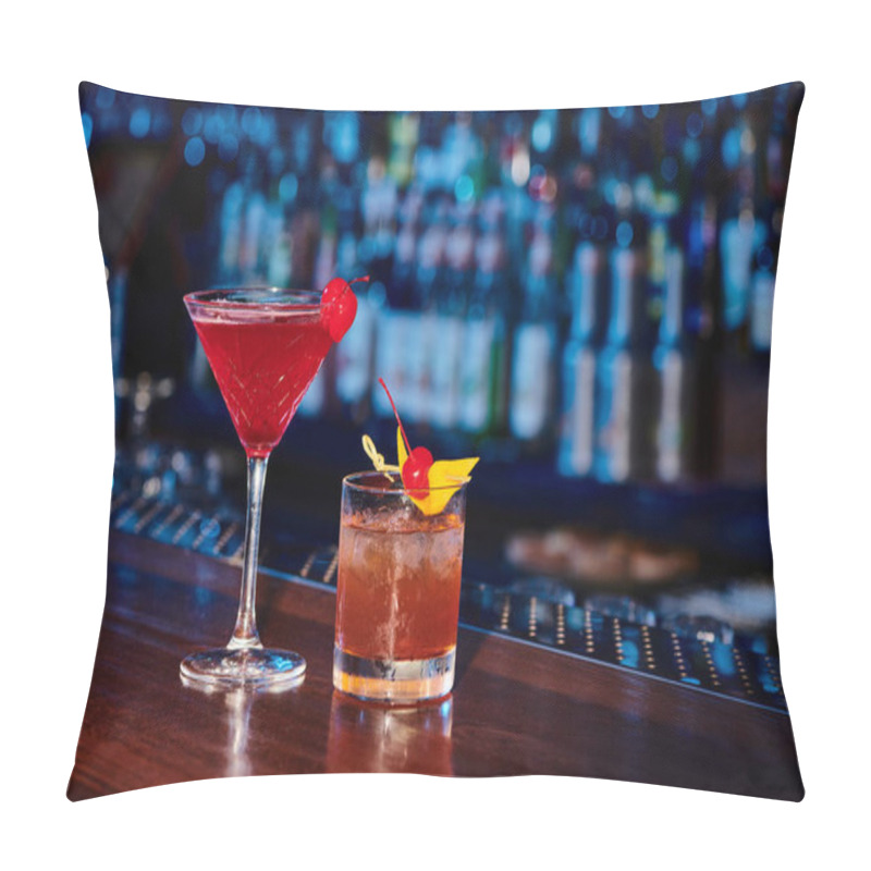 Personality  Exotic Sophisticated Cocktails Decorated With Cherries With Bar On Background, Concept Pillow Covers