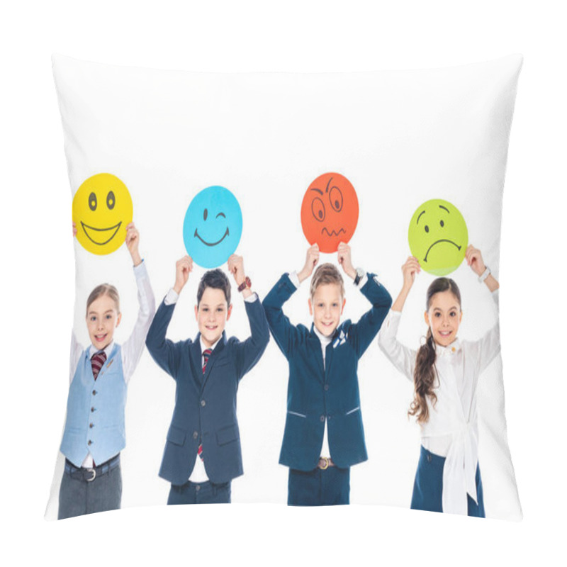 Personality  Happy Schoolchildren In Formal Wear Holding Cards With Various Face Expressions Isolated On White Pillow Covers