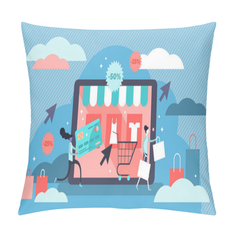 Personality  Online Shopping Vector Illustration. Flat Tiny Persons E-commerce Digital Shop Concept Pillow Covers