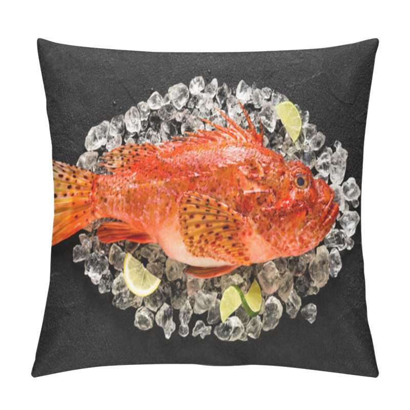 Personality  Fresh Scorpion Fish On Ice On A Black Stone Table Top View Pillow Covers