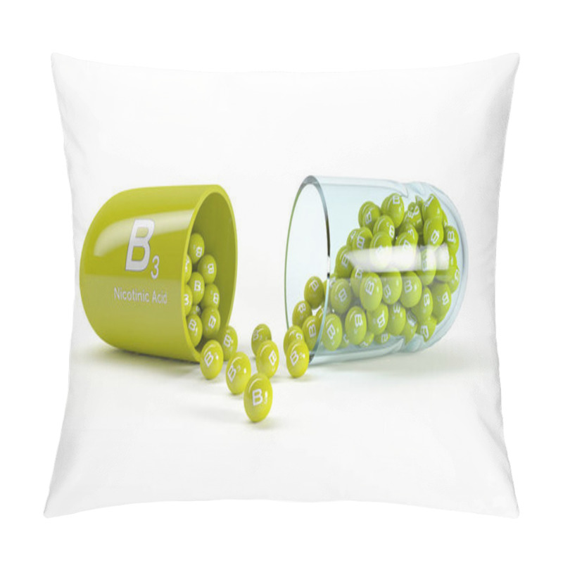 Personality  3d Rendering Of A Vitamin Capsule With Vitamin B3 - Nicotinic Ac Pillow Covers